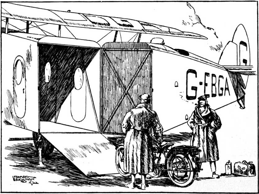 Cartoon of a motorcyle being loaded on an early freight aircraft